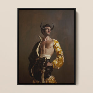Swish Pricks - Gay Matador Fashionista Framed Canvas, 12x16’’ / 31x41cm / Black Floating Frame, Framed Painting Horned Man