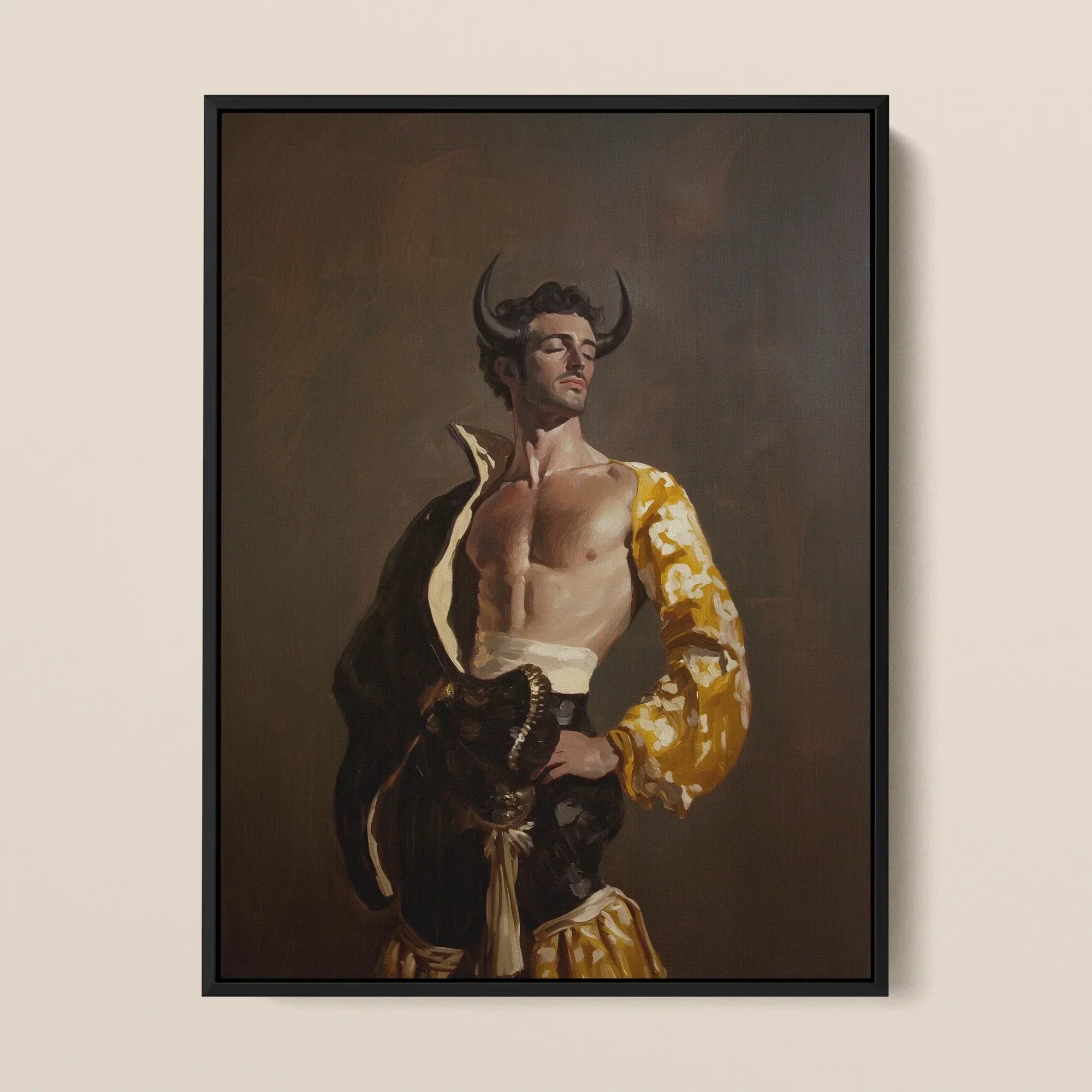 Swish Pricks - Gay Matador Fashionista Framed Canvas, 12x16’’ / 31x41cm / Black Floating Frame, Framed Painting Horned Man