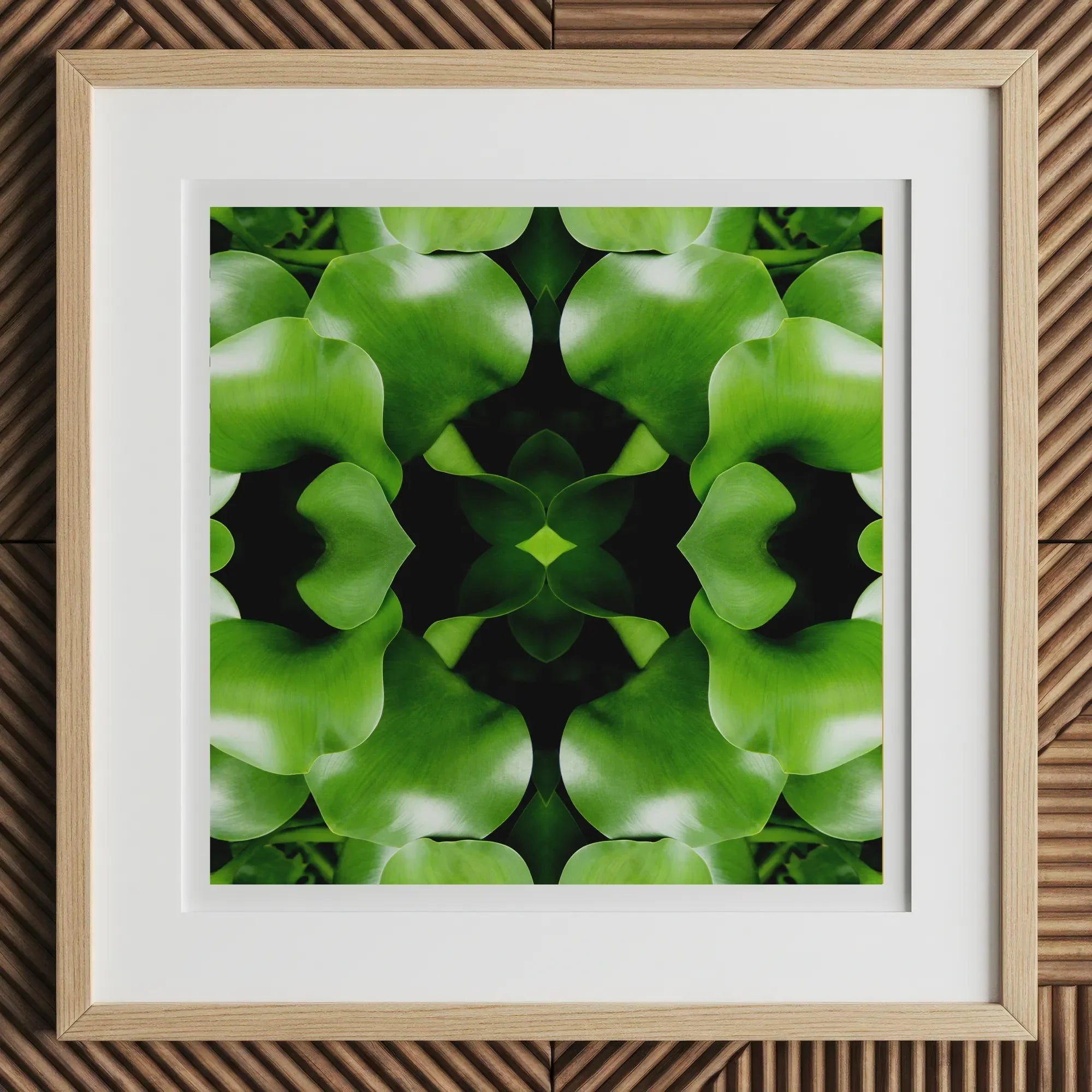 Take me to your Leader - Trippy Leaves Op Art Print, 12x12’’ / 31x31cm / Natural Frame / 2’’ Matboard, Framed Artwork Symmetrical Pattern