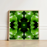 Square-framed Artwork Symmetrical Kaleidoscopic Pattern Vibrant Green Leaves Botanical Op Art, Verdant Vortex, Mind-bending