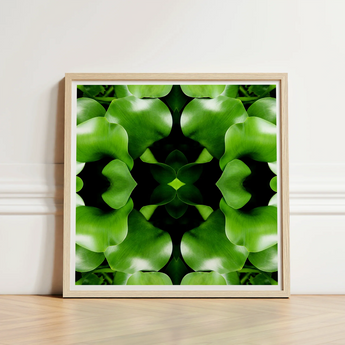 Square-framed Artwork Symmetrical Kaleidoscopic Pattern Vibrant Green Leaves Botanical Op Art, Verdant Vortex, Mind-bending