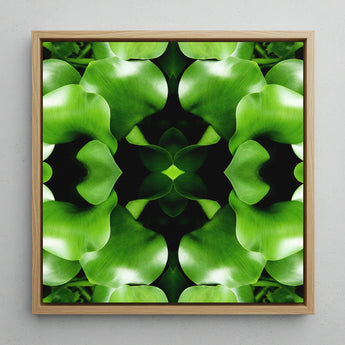 Take me to your Leader - Trippy Leaves Op Art Print / Canvas Square-framed Artwork Symmetrical Kaleidoscopic Pattern Vibrant Green Leaves