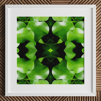 Take me to your Leader - Trippy Leaves Op Art Print / Canvas White-framed Square Art Print Symmetrical Kaleidoscopic Pattern Vibrant