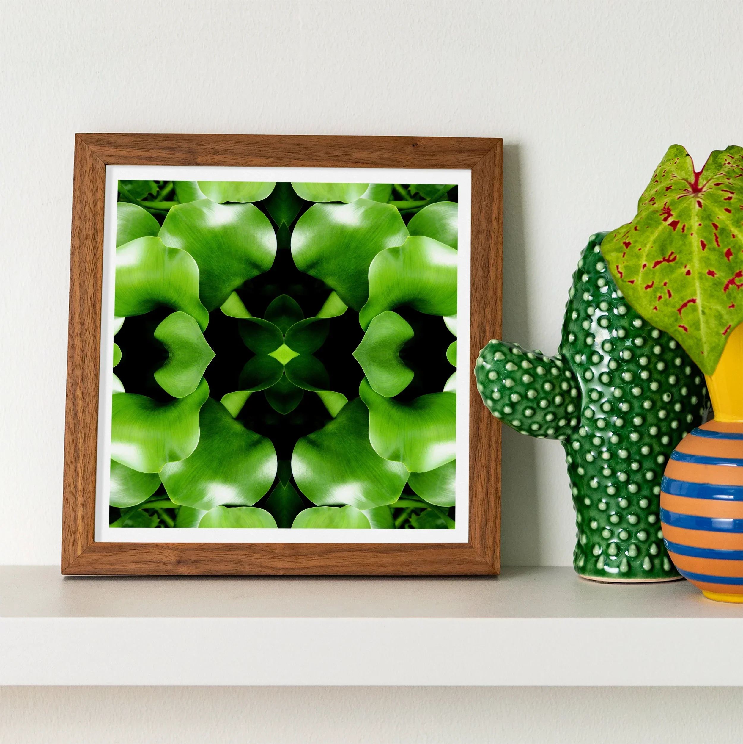 Take me to your Leader Trippy Leaves Op Art Print, Framed Abstract Artwork Symmetrical Green Shapes Reminiscent Apples