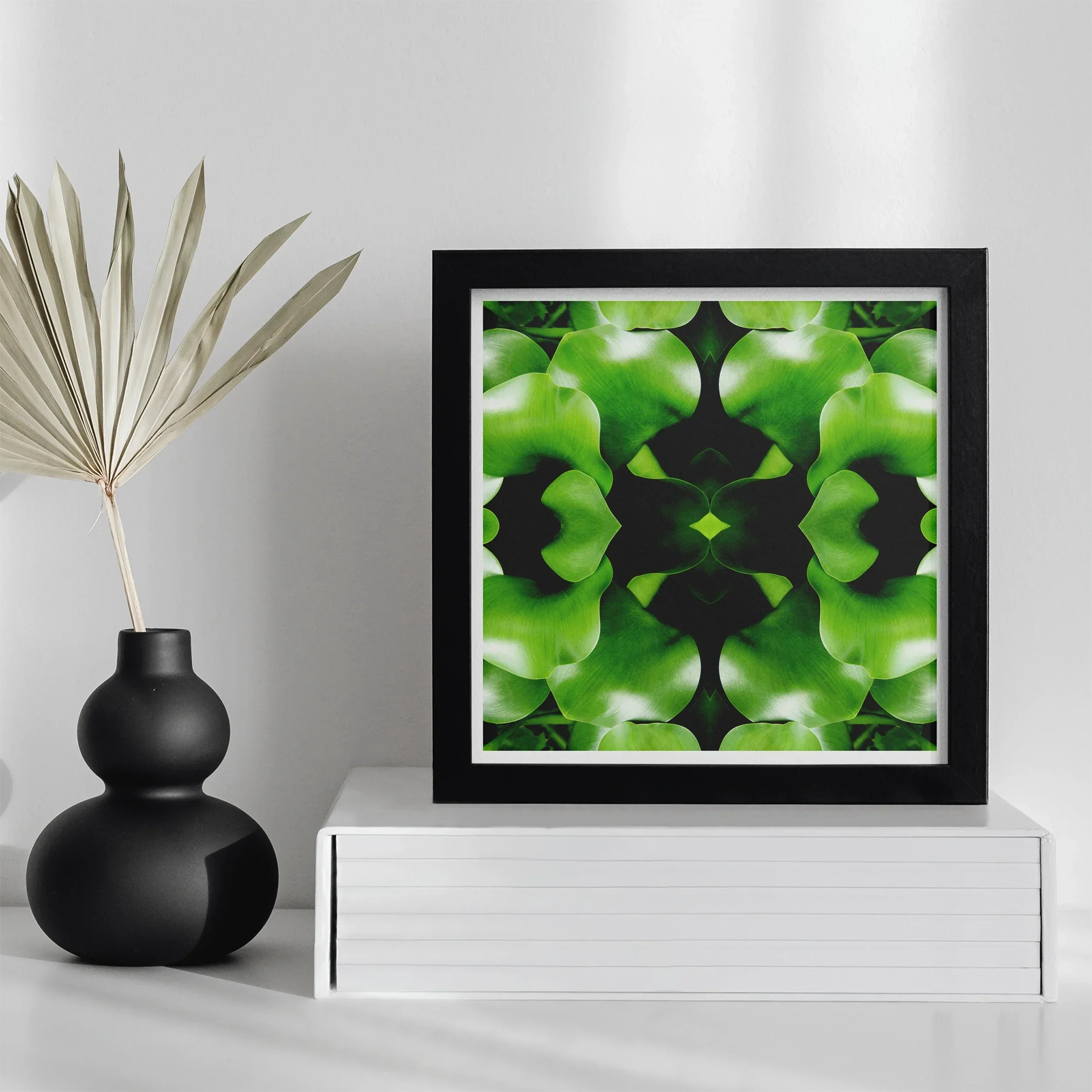 Take me to your Leader Trippy Leaves Op Art Print, Framed Abstract Green Black Symmetrical Artwork White Surface