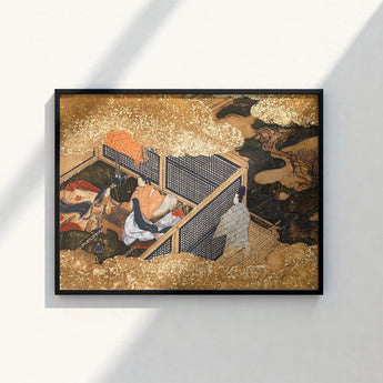 Black-framed Artwork Traditional Japanese Scene Gold Leaf Accents Genji Kneels Beneath, Courtly Aesthetics, Rolled-back Eaves
