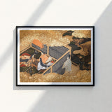 Black-framed Art Print Traditional Japanese Ukiyo-e Style Scene Genji Kneels Beneath, Courtly Aesthetics, Rolled-back Eaves