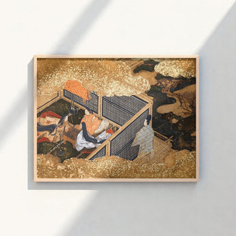 Framed Japanese Ukiyo-e Print Gold-leafed Scene Figures Traditional Genji Kneels Beneath, Courtly Aesthetics, Rolled-back Eaves