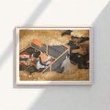 Framed Japanese Ukiyo-e Print Gold-leafed Scene Figures Traditional Genji Kneels Beneath, Courtly Aesthetics, Rolled-back Eaves