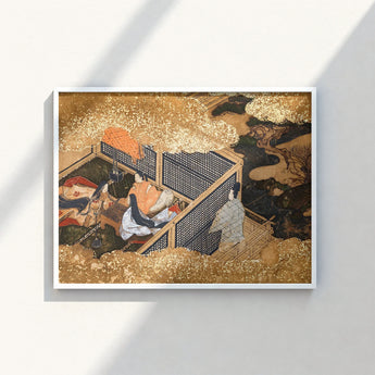 Framed Japanese Ukiyo-e Print Gold-leafed Scene Figures Traditional Genji Kneels Beneath, Courtly Aesthetics, Rolled-back Eaves