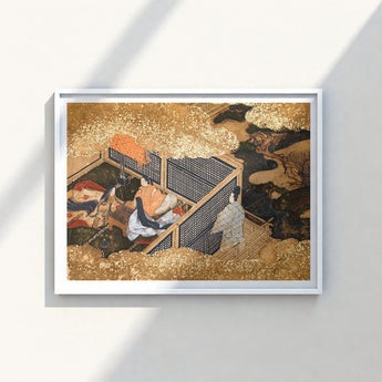 Framed Japanese Ukiyo-e Print Figures Traditional Attire Wooden Genji Kneels Beneath, Courtly Aesthetics, Rolled-back Eaves