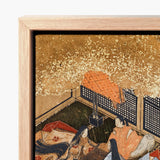 Framed Japanese Ukiyo-e Print Two Women Traditional Attire Genji Kneels Beneath, Courtly Aesthetics, Rolled-back Eaves