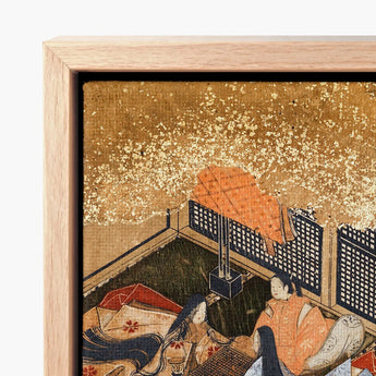 Framed Japanese Ukiyo-e Print Two Women Traditional Attire Genji Kneels Beneath, Courtly Aesthetics, Rolled-back Eaves