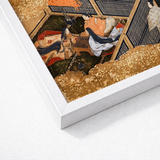 Framed Japanese Ukiyo-e Print Two Women Traditional Orange Genji Kneels Beneath, Courtly Aesthetics, Rolled-back Eaves