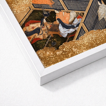 Framed Japanese Ukiyo-e Print Two Women Traditional Orange Genji Kneels Beneath, Courtly Aesthetics, Rolled-back Eaves