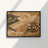 Black-framed Print Traditional Japanese Ukiyo-e Style Artwork Figure Garden Woodblock, Courtier Kneels Patterned Robes, Art