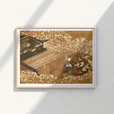 Framed Japanese Ukiyo-e Print Figure Traditional Attire Amidst Garden Woodblock, Courtier Kneels Patterned Robes, Art