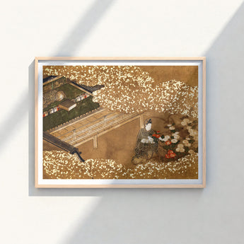 Framed Japanese Ukiyo-e Print Figure Traditional Attire Amidst Garden Woodblock, Courtier Kneels Patterned Robes, Art