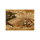 Tale of Genji - Japanese Garden Woodblock Art Print / Canvas Japanese Garden Scene Figure Woodblock, Courtier Kneels Patterned Robes, Art