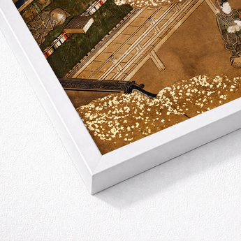 Framed Artwork Detailed Traditional-style Illustration Gold Leaf Accents Japanese Garden Woodblock, Courtier Kneels Patterned Robes, Art