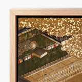 Framed Piece Traditional Japanese Artwork Detailed Gold-leafed Scene Garden Woodblock, Courtier Kneels Patterned Robes, Art Print