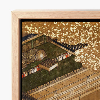 Framed Piece Traditional Japanese Artwork Detailed Gold-leafed Scene Garden Woodblock, Courtier Kneels Patterned Robes, Art Print