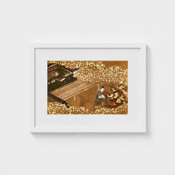 Tale of Genji - Japanese Garden Woodblock Art Print / Canvas, Courtier Kneels Patterned Robes, Prints