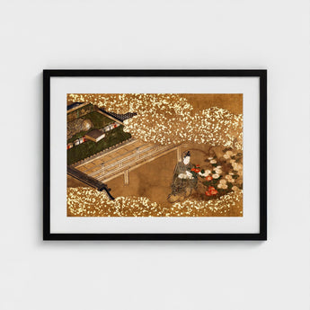 Tale of Genji - Japanese Garden Woodblock Art Print / Canvas, Courtier Kneels Patterned Robes, Prints