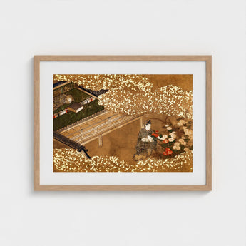 Tale of Genji - Japanese Garden Woodblock Art Print / Canvas, Courtier Kneels Patterned Robes, Prints