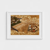 Tale of Genji - Japanese Garden Woodblock Art Print / Canvas, Courtier Kneels Patterned Robes, Prints