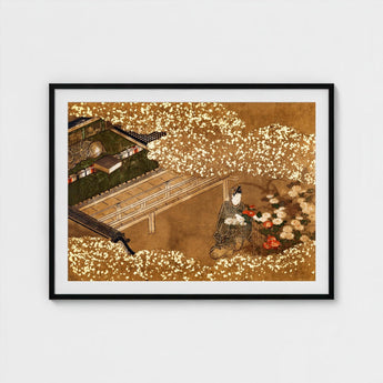 Tale of Genji - Japanese Garden Woodblock Art Print / Canvas, Courtier Kneels Patterned Robes, Prints