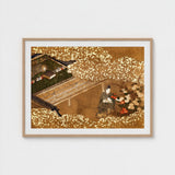 Tale of Genji - Japanese Garden Woodblock Art Print / Canvas, Courtier Kneels Patterned Robes, Prints