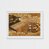 Tale of Genji - Japanese Garden Woodblock Art Print / Canvas, Courtier Kneels Patterned Robes, Prints