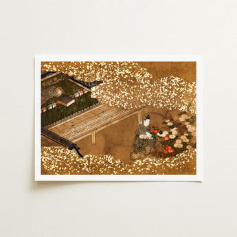 Tale of Genji - Japanese Garden Woodblock Art Print / Canvas, Courtier Kneels Patterned Robes, Prints