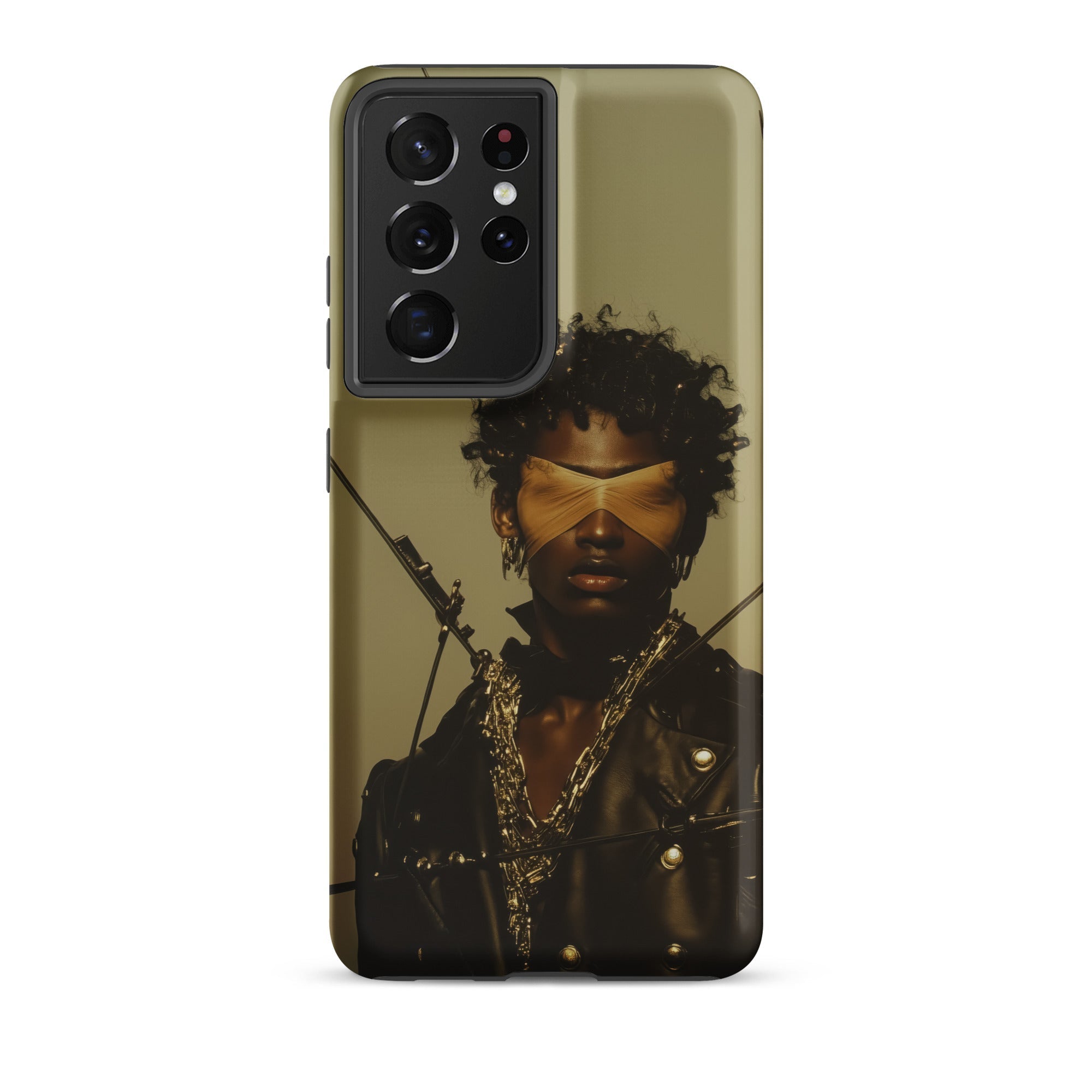 On Target Black Gay Biker Queen Samsung Case, Galaxy S21 Ultra / Matte, Smartphone Phone Case Dark Skinned Person Gold Blindfold Chains