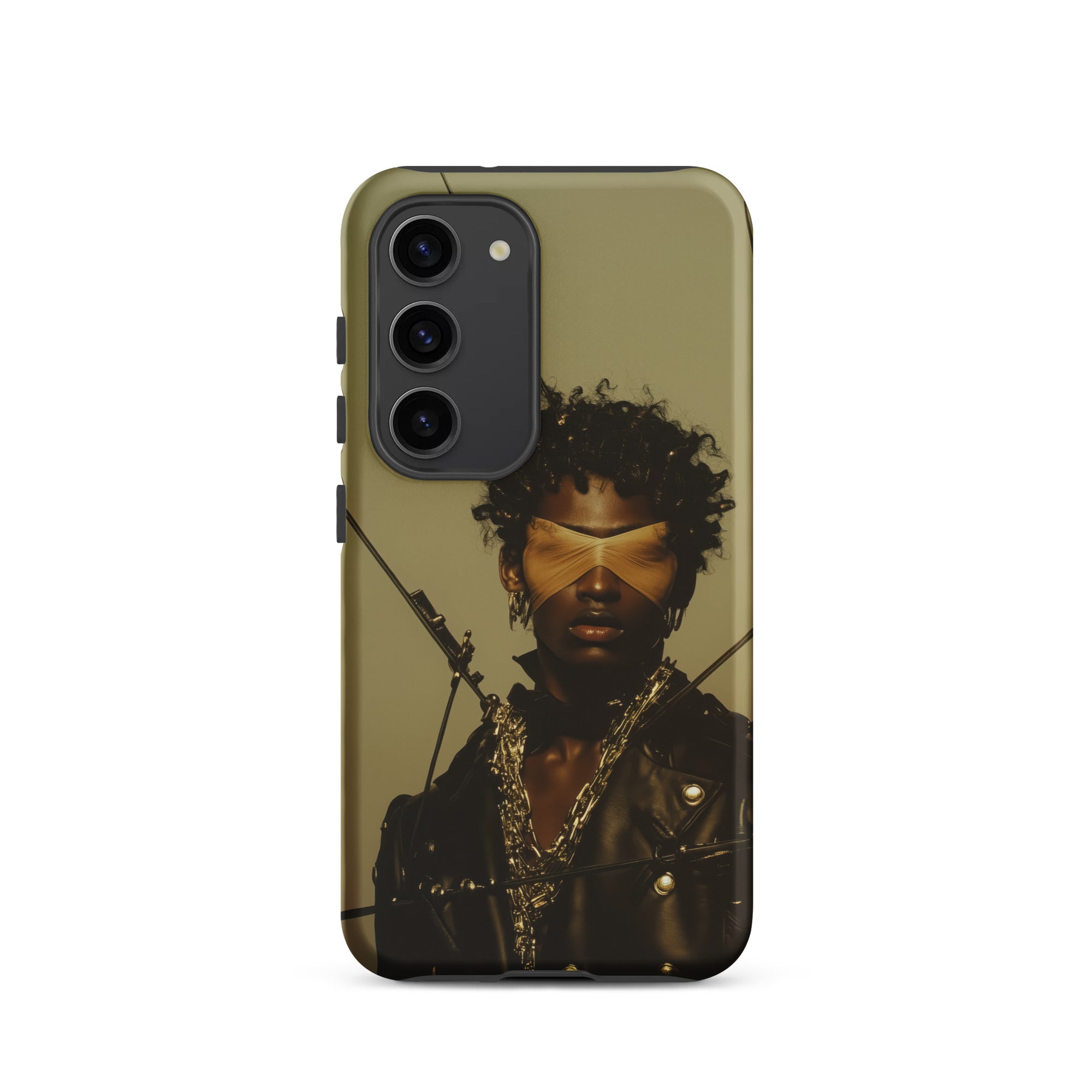 On Target Black Gay Biker Queen Samsung Case, Galaxy S23 / Matte, Smartphone Case Blindfolded Figure Leather Jacket Chains