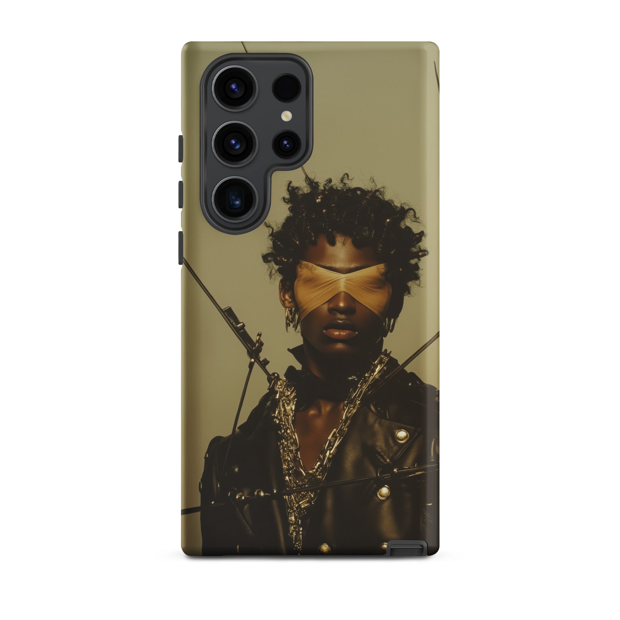 On Target Black Gay Biker Queen Samsung Case, Galaxy S23 Ultra / Matte, Smartphone Case Blindfolded Person Dark Jacket Gold Chains