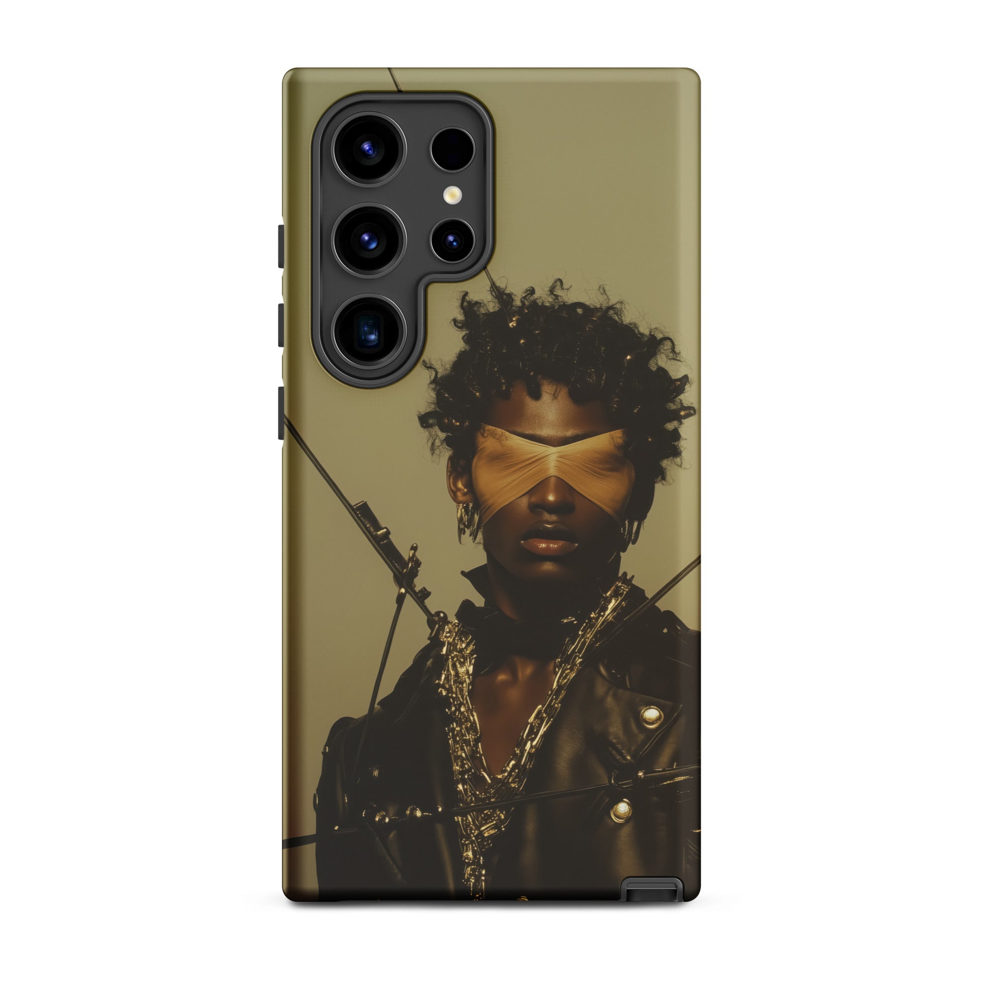 On Target Black Gay Biker Queen Samsung Case, Galaxy S24 Ultra / Matte, Mobile Phone Case Stylized Person Blindfold Chains