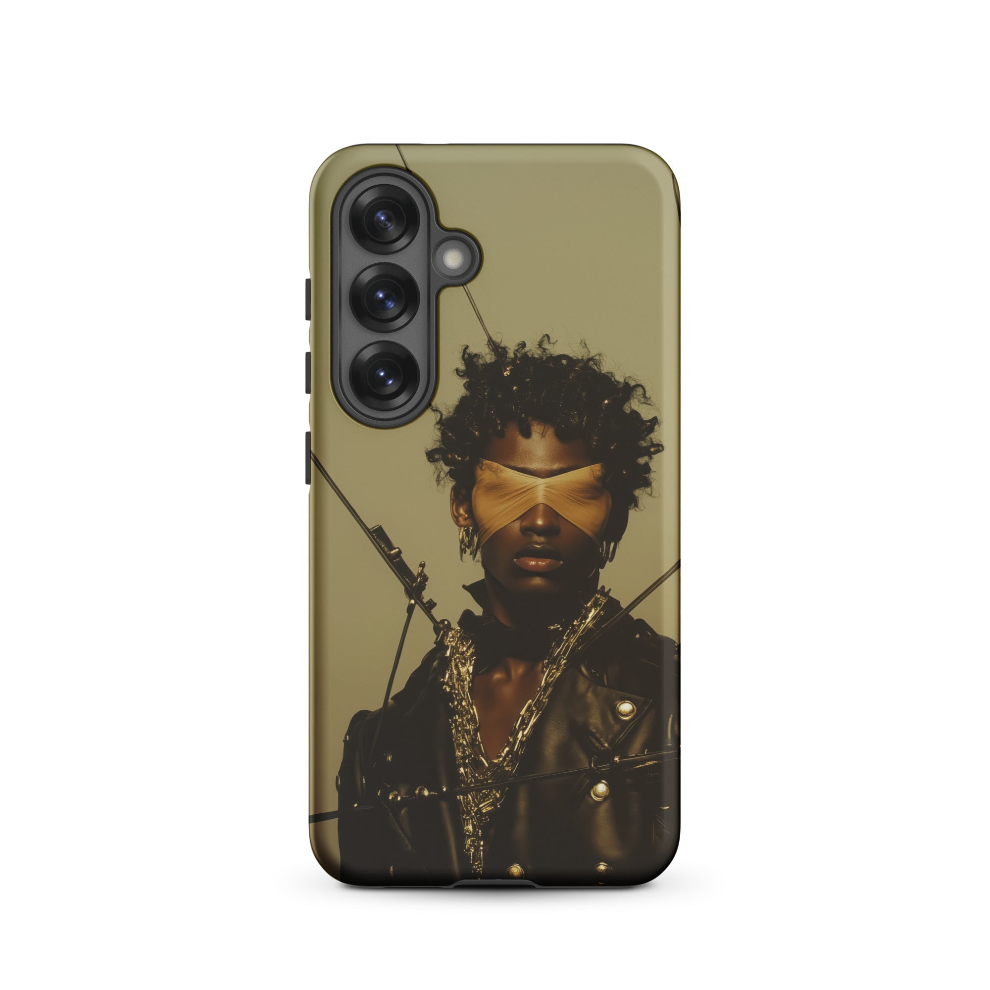 On Target Black Gay Biker Queen Samsung Case, Galaxy S25 / Matte, Smartphone Case Abstract Portrait Person Curly Hair Blindfold
