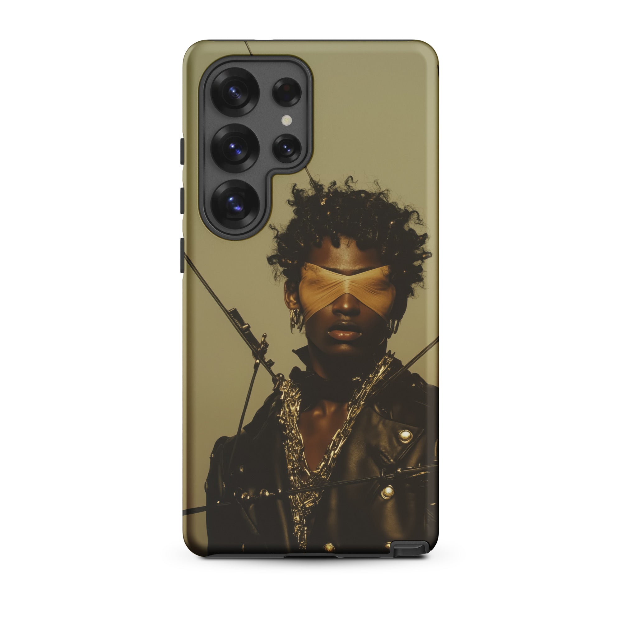 On Target Black Gay Biker Queen Samsung Case, Galaxy S25 Ultra / Matte, Smartphone Case Blindfolded Figure Leather Jacket