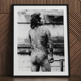 Tattooed Betto - Sexy Japanese Horse-man Art Print / Canvas Black Framed White Irezumi, Chrysanthemum Blooms, Situates Prints