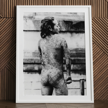 Tattooed Betto - Sexy Japanese Horse-man Art Print / Canvas White Framed Black Photograph Man Irezumi, Chrysanthemum Blooms, Situates Prints