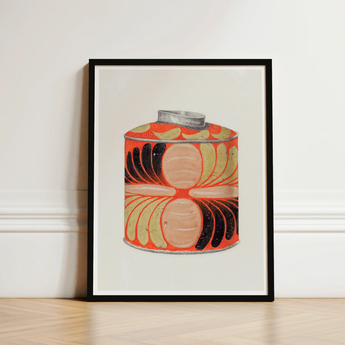 Tea Caddy - Jacob Gielens 1930s Kitchen Art Print / Canvas Vibrant Orange Cylindrical Tin Metallic Lid Adorned Bold Gielens’, Wonderland,
