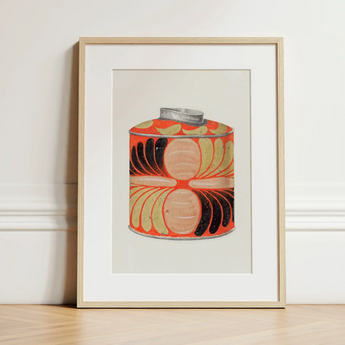 Tea Caddy - Jacob Gielens 1930s Kitchen Art Print / Canvas Vibrant Orange Cylindrical Tin Silver Lid Adorned Bold Jacob Gielens’ Kitchen,