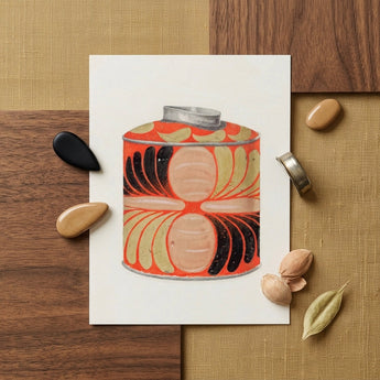 Tea Caddy - Jacob Gielens 1930s Kitchen Art Print / Canvas Vibrant Orange Cylindrical Tin Silver Lid Black-and-cream Abstract Jacob