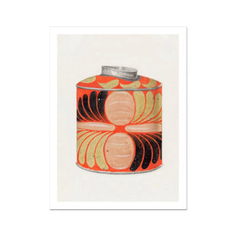 Tea Caddy - Jacob Gielens 1930s Kitchen Art Print, Decorative Cylindrical Canister Orange Black Gold Feather-like Patterns