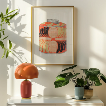 Tea Caddy - Jacob Gielens 1930s Kitchen Art Print, Framed Artwork Cylindrical Container Abstract Red Black Patterns