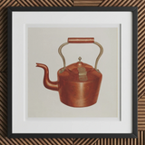 Tea Kettle - Edward L. Loper 1930s Kitchen Art Print, 12x12’’ / 31x31cm / Black Frame / 2’’ Matboard, Copper Kettle Wooden Handle Lid