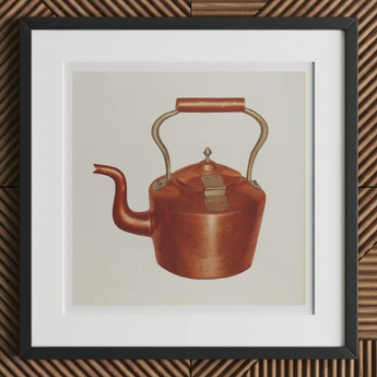 Tea Kettle - Edward L. Loper 1930s Kitchen Art Print, 12x12’’ / 31x31cm / Black Frame / 2’’ Matboard, Copper Kettle Wooden Handle Lid