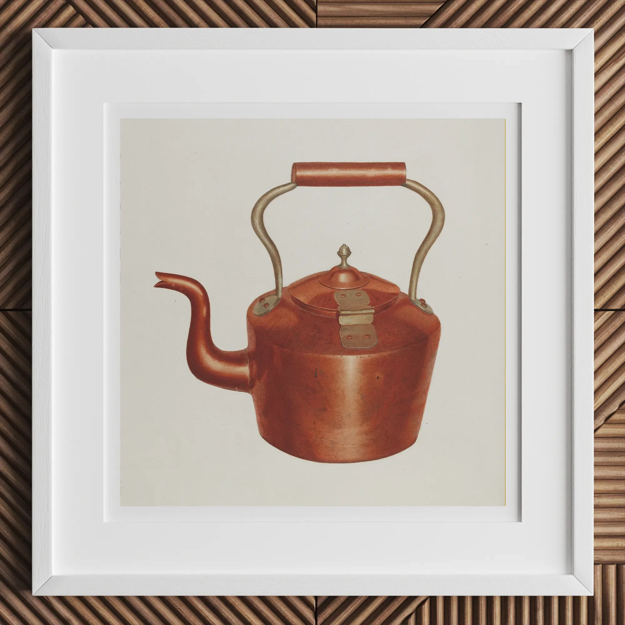Tea Kettle - Edward L. Loper 1930s Kitchen Art Print, 12x12’’ / 31x31cm / White Frame, Framed Illustration Copper Kettle